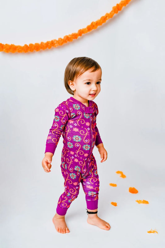 Baby wearing organic cotton South Asian Inspired Diwali pajamas